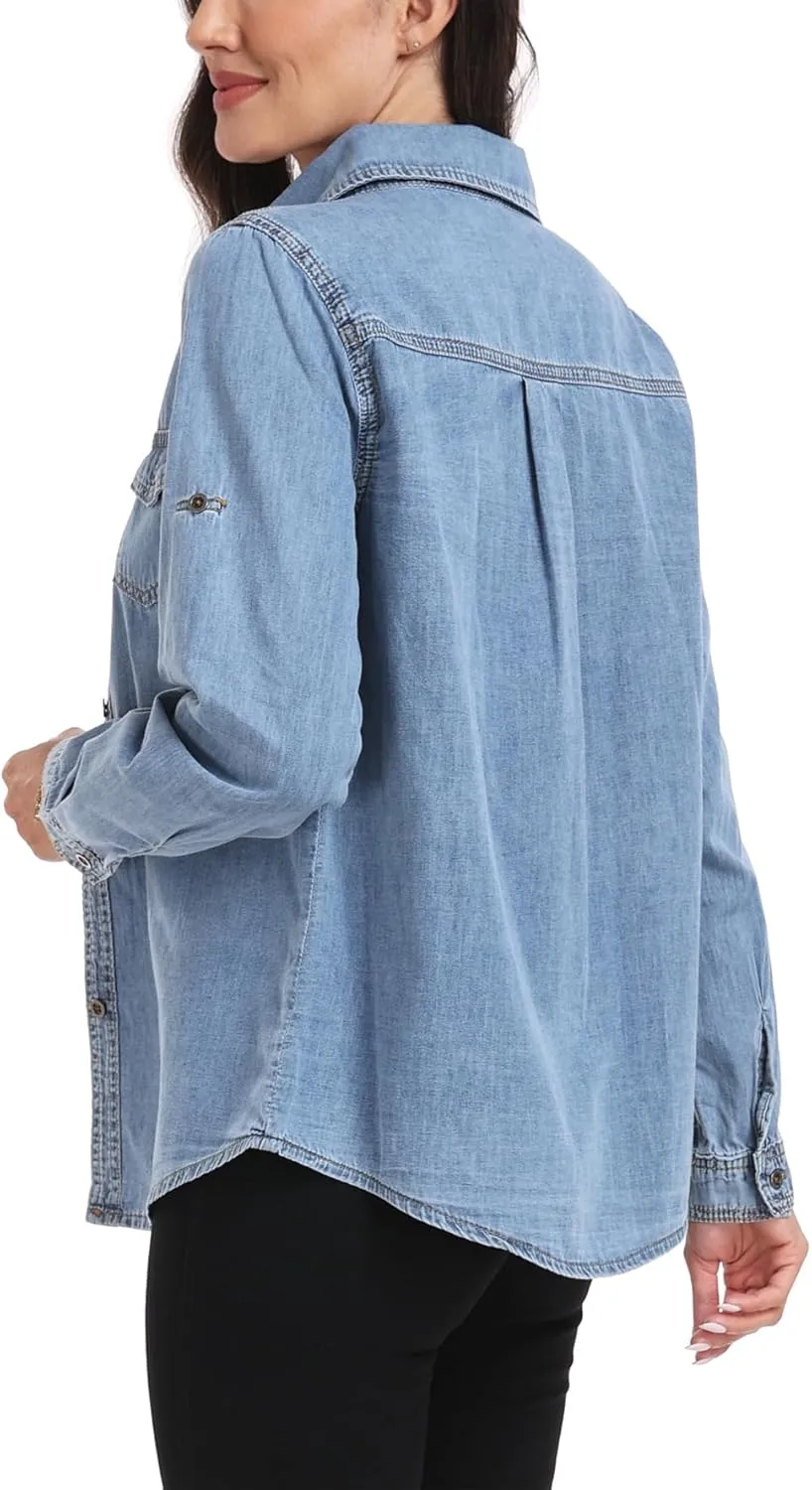 MISS MOLY Women Casual Button Down Long Sleeve Roll Up Oversized Boyfriend Distressed Denim Shirts