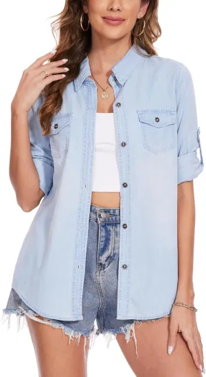 MISS MOLY Women Casual Button Down Long Sleeve Roll Up Oversized Boyfriend Distressed Denim Shirts