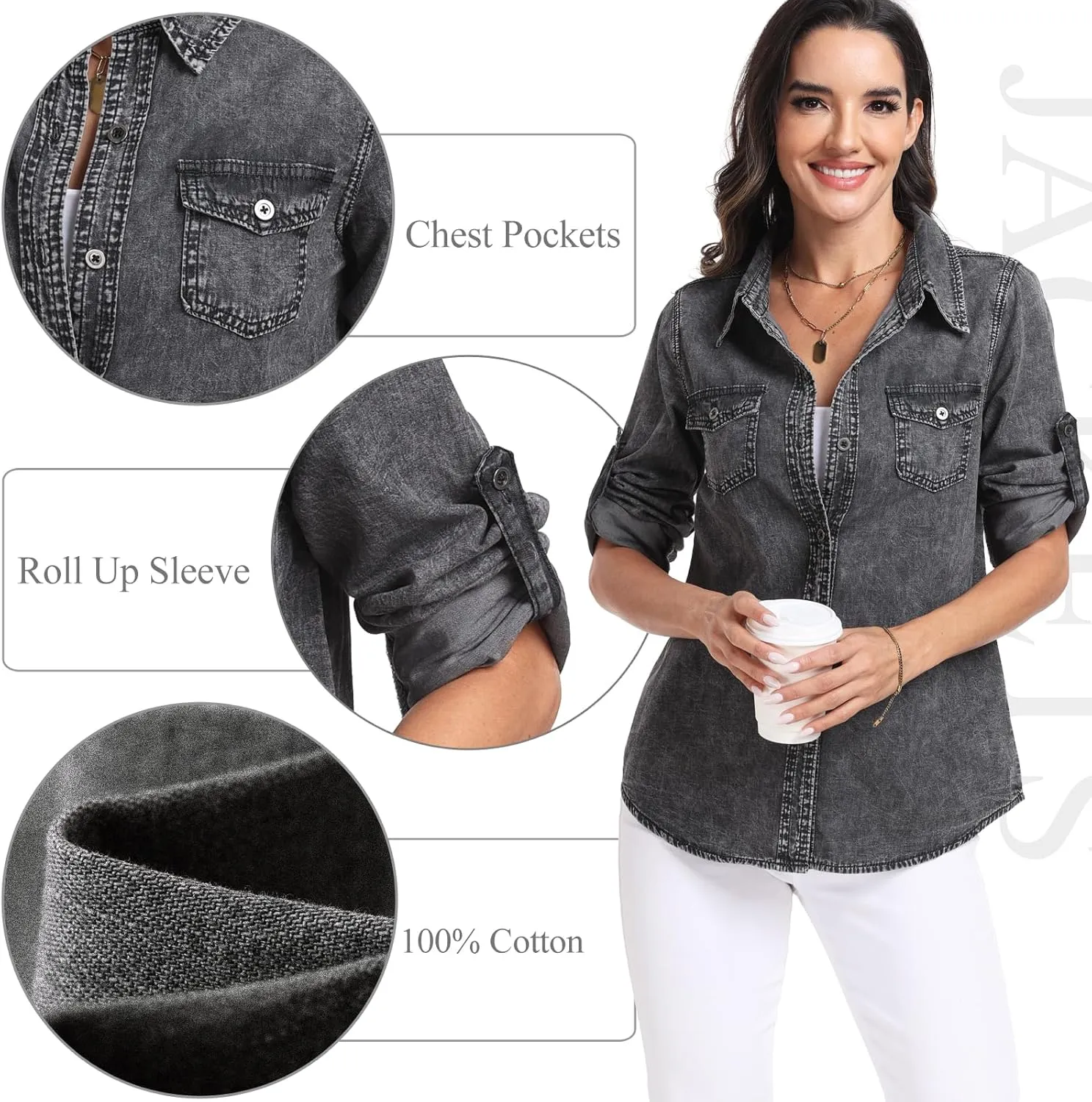 MISS MOLY Women Casual Button Down Long Sleeve Roll Up Oversized Boyfriend Distressed Denim Shirts