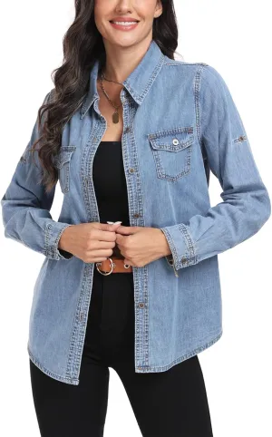 MISS MOLY Women Casual Button Down Long Sleeve Roll Up Oversized Boyfriend Distressed Denim Shirts