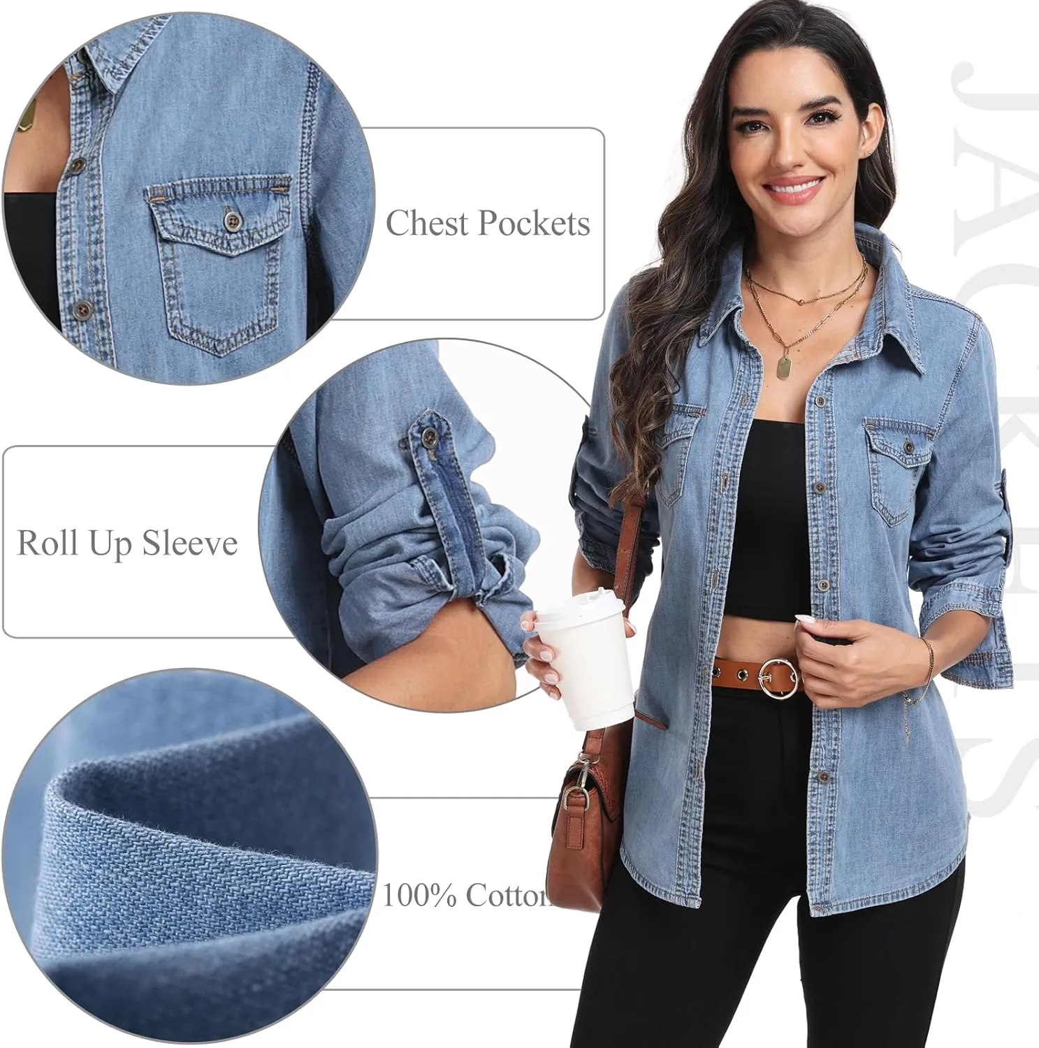 MISS MOLY Women Casual Button Down Long Sleeve Roll Up Oversized Boyfriend Distressed Denim Shirts