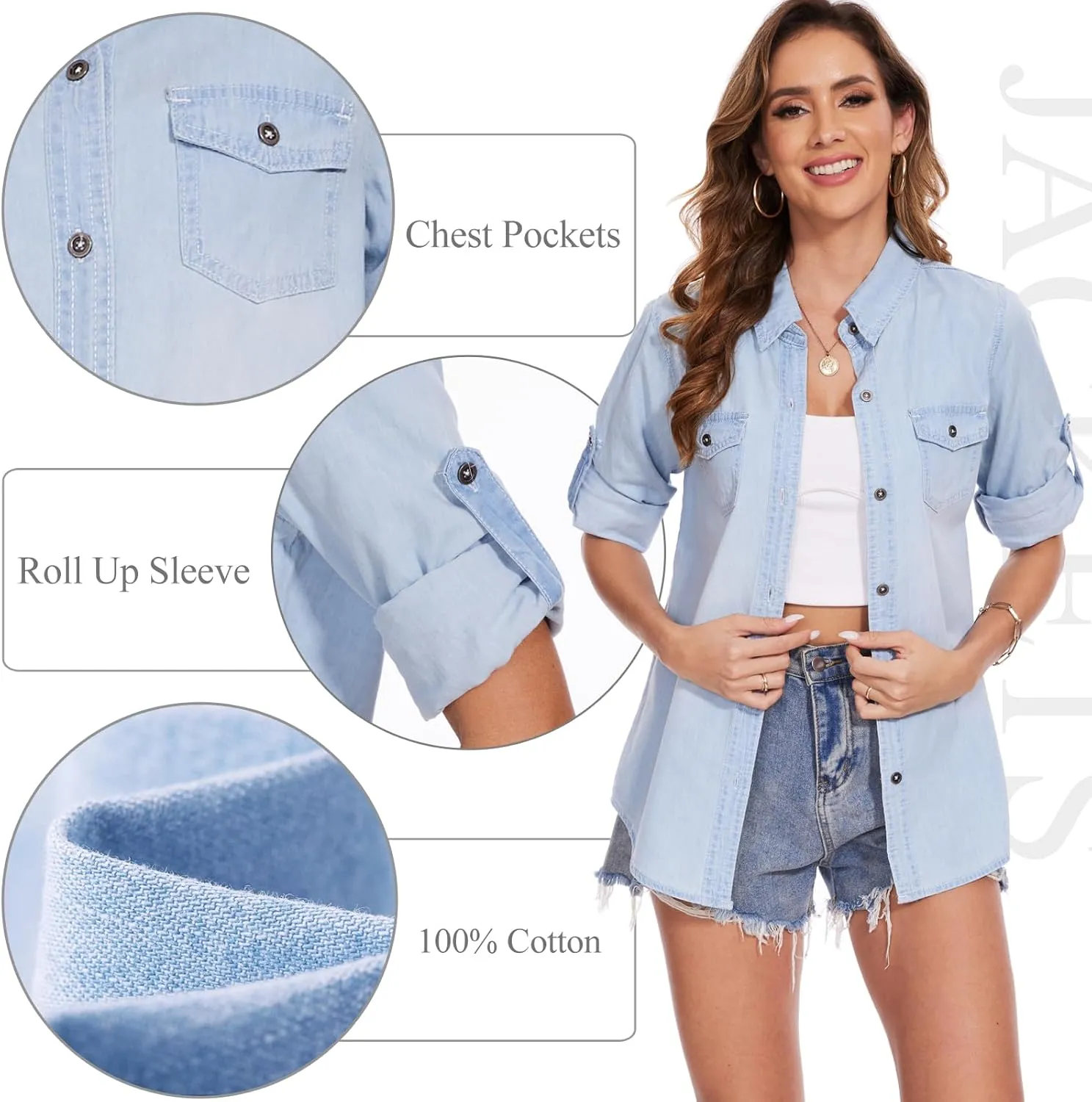 MISS MOLY Women Casual Button Down Long Sleeve Roll Up Oversized Boyfriend Distressed Denim Shirts