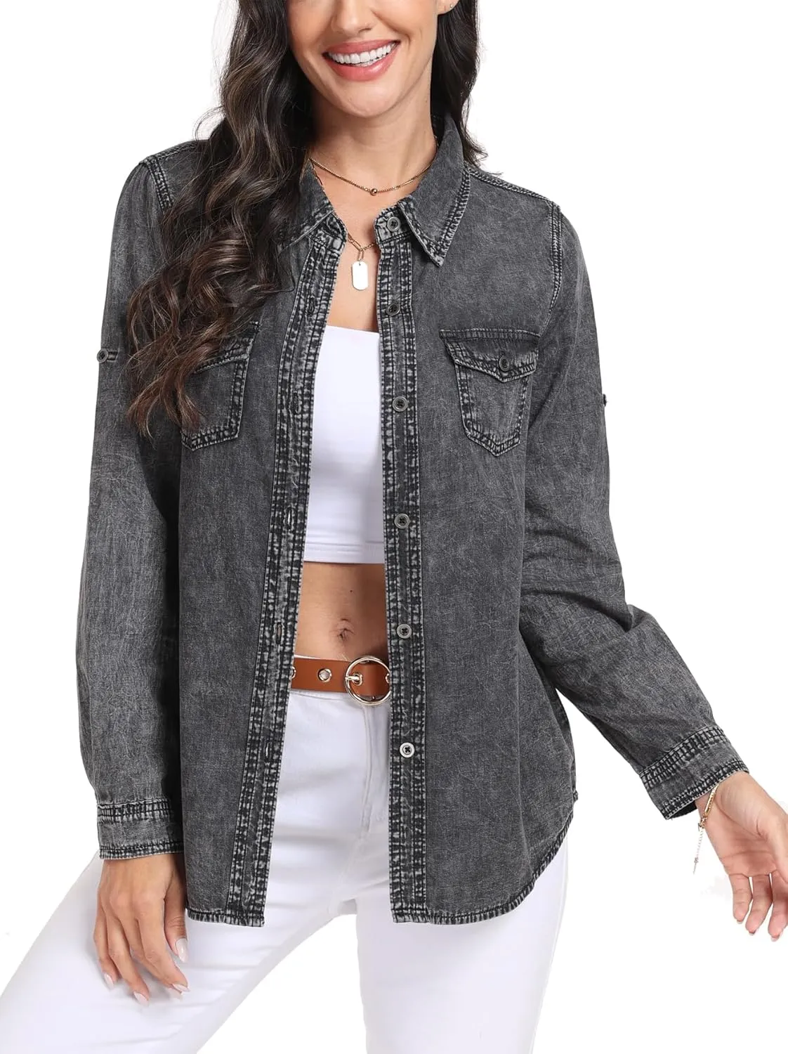 MISS MOLY Women Casual Button Down Long Sleeve Roll Up Oversized Boyfriend Distressed Denim Shirts