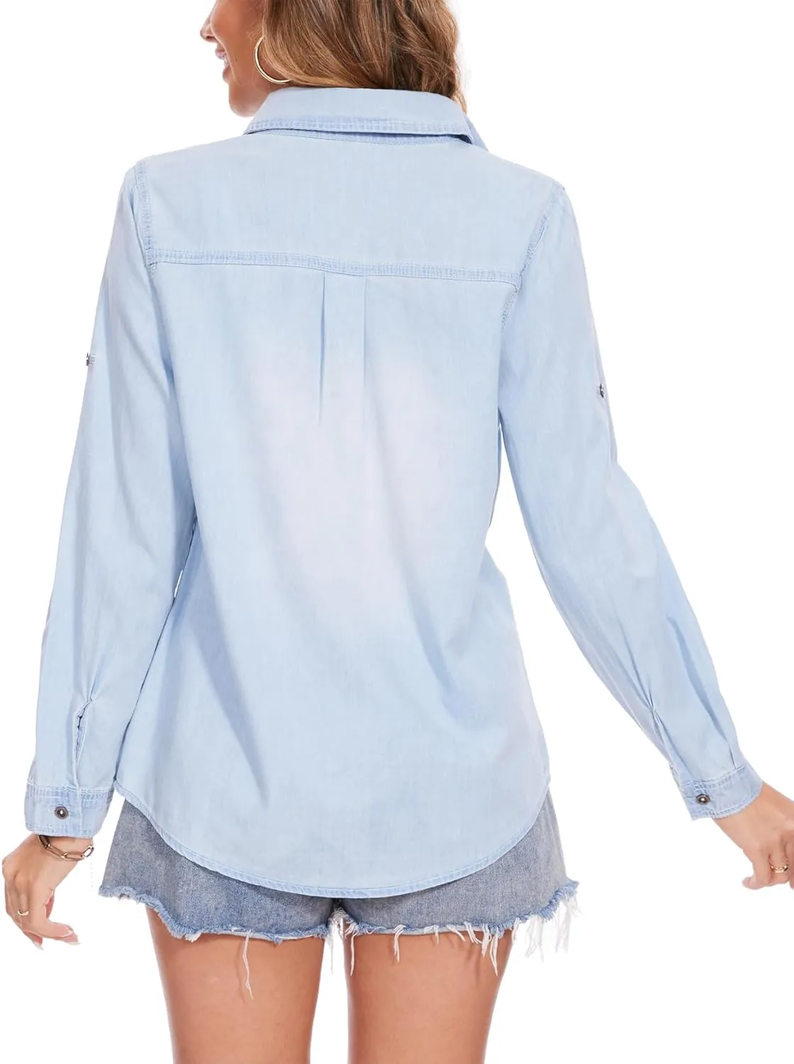 MISS MOLY Women Casual Button Down Long Sleeve Roll Up Oversized Boyfriend Distressed Denim Shirts