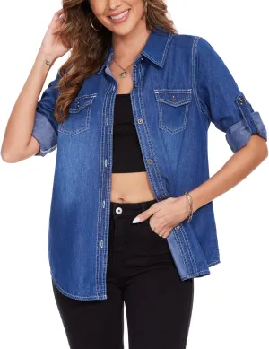 MISS MOLY Women Casual Button Down Long Sleeve Roll Up Oversized Boyfriend Distressed Denim Shirts