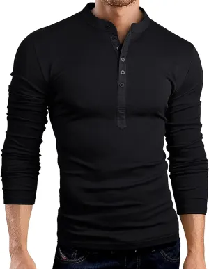 Muscle Slim Fit Henley Shirt for Men Casual Long Sleeve Button Down V Neck Shirts Gym Fitness Athletic Tees Tops