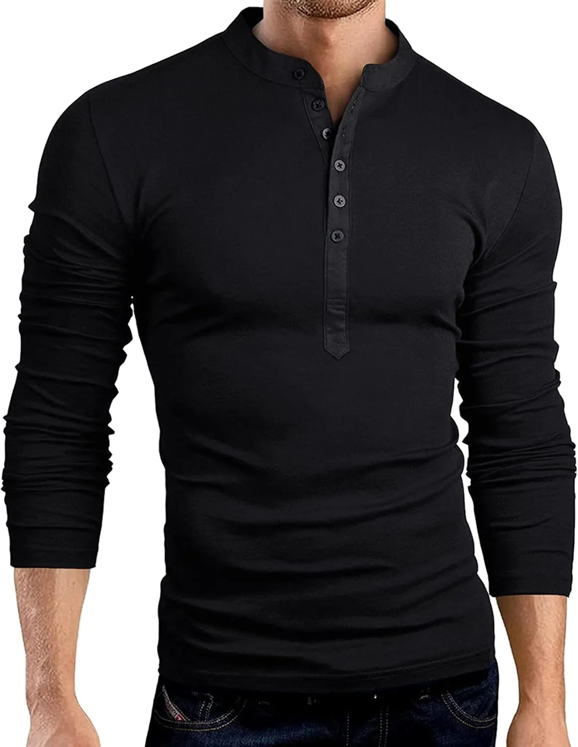 Muscle Slim Fit Henley Shirt for Men Casual Long Sleeve Button Down V Neck Shirts Gym Fitness Athletic Tees Tops