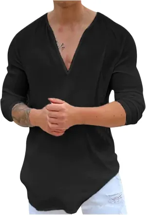 Muscularfit Mens Cotton Linen Shirts Casual Stylish Deep V Neck 3/4 Sleeve 2023 Summer Top Loose Regular-Fit Elegant T Shirt