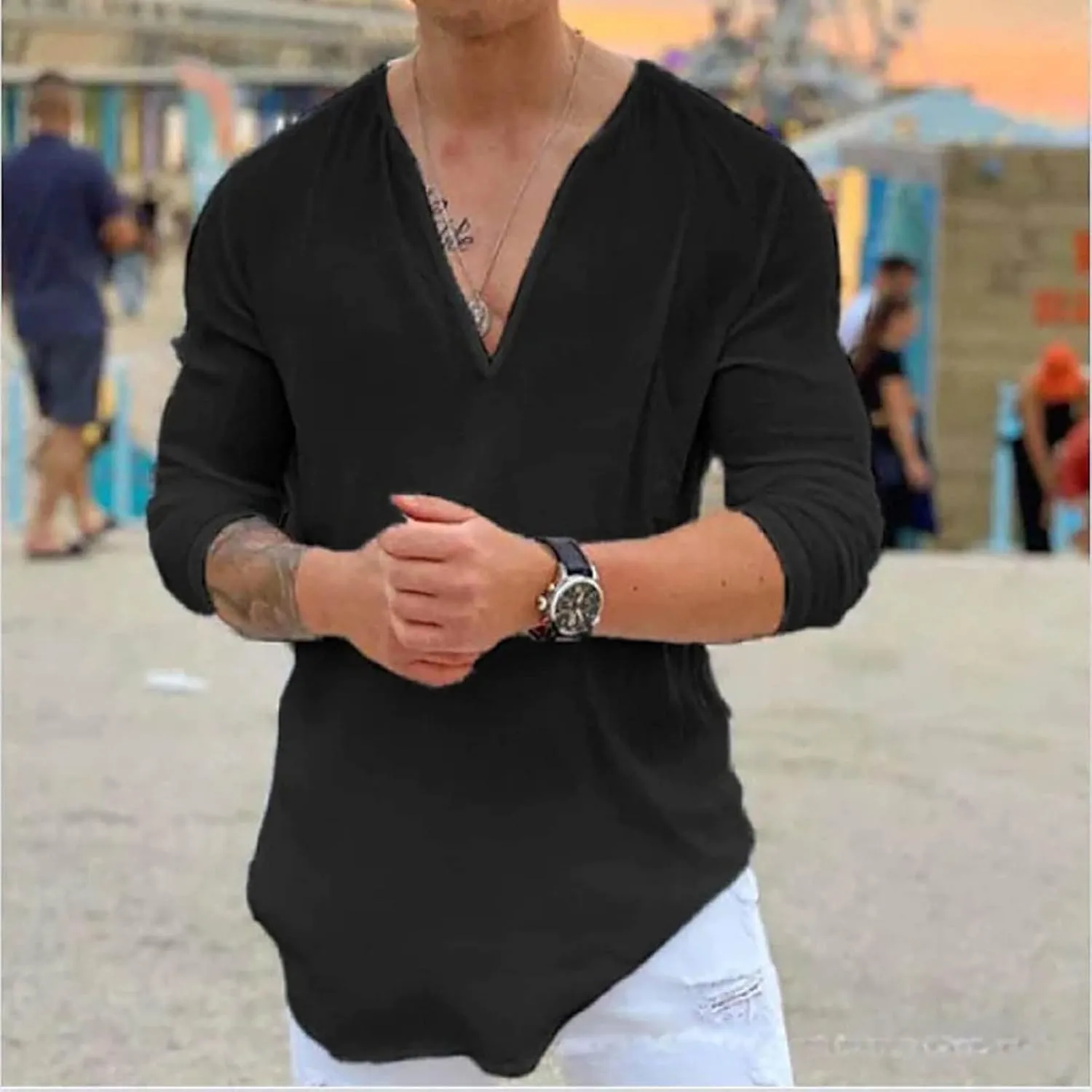 Muscularfit Mens Cotton Linen Shirts Casual Stylish Deep V Neck 3/4 Sleeve 2023 Summer Top Loose Regular-Fit Elegant T Shirt