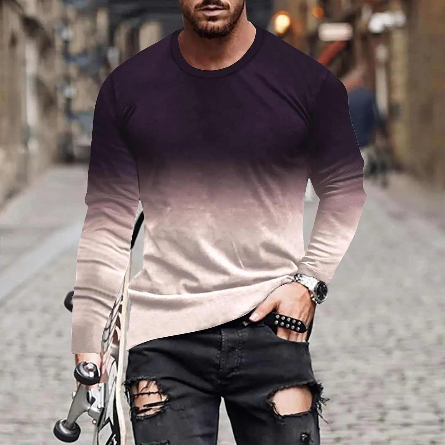 Muscularfit Mens Long Sleeve Shirts Casual Gradient Color Loose Pullover Graphic Tee Shirts Fall Fashion Athletic Sweatshirts