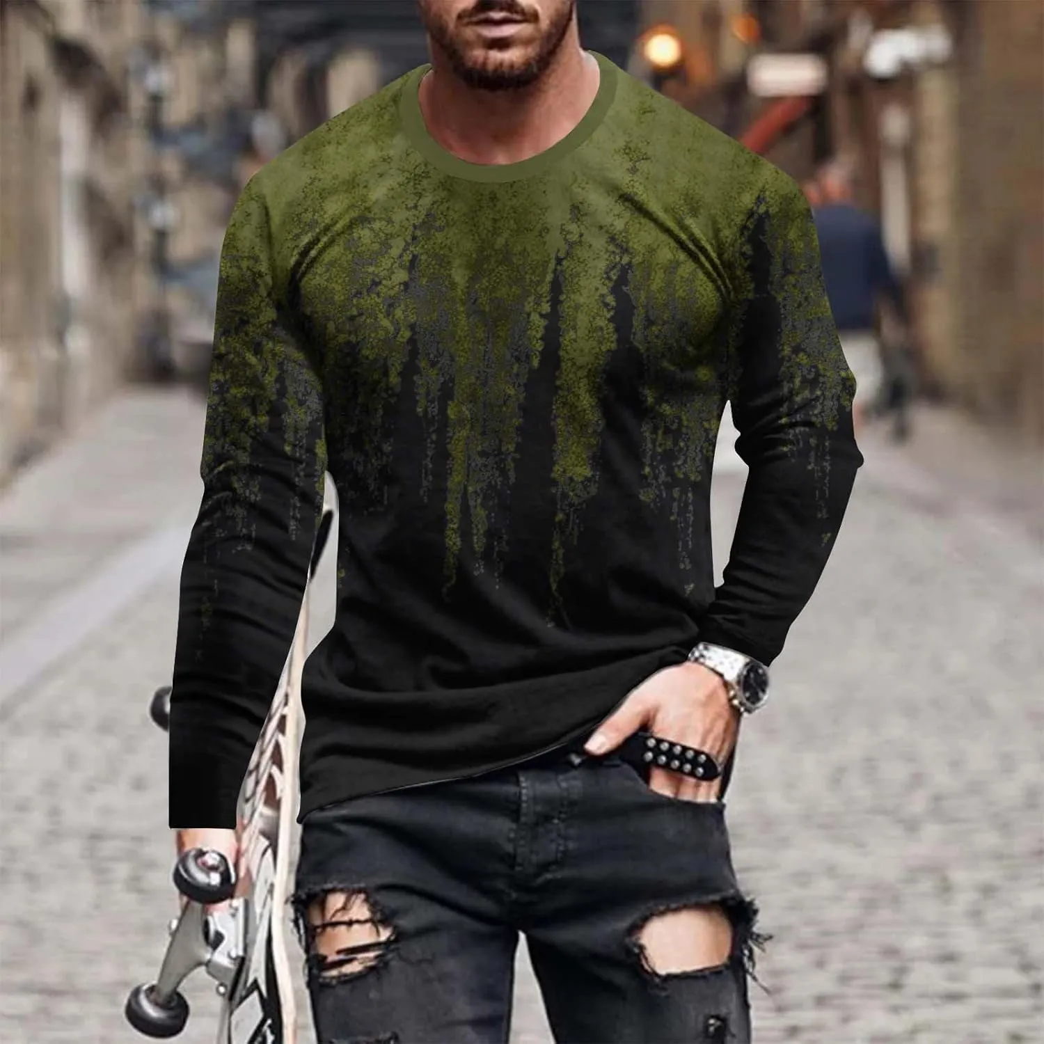 Muscularfit Mens Long Sleeve Shirts Casual Gradient Color Loose Pullover Graphic Tee Shirts Fall Fashion Athletic Sweatshirts