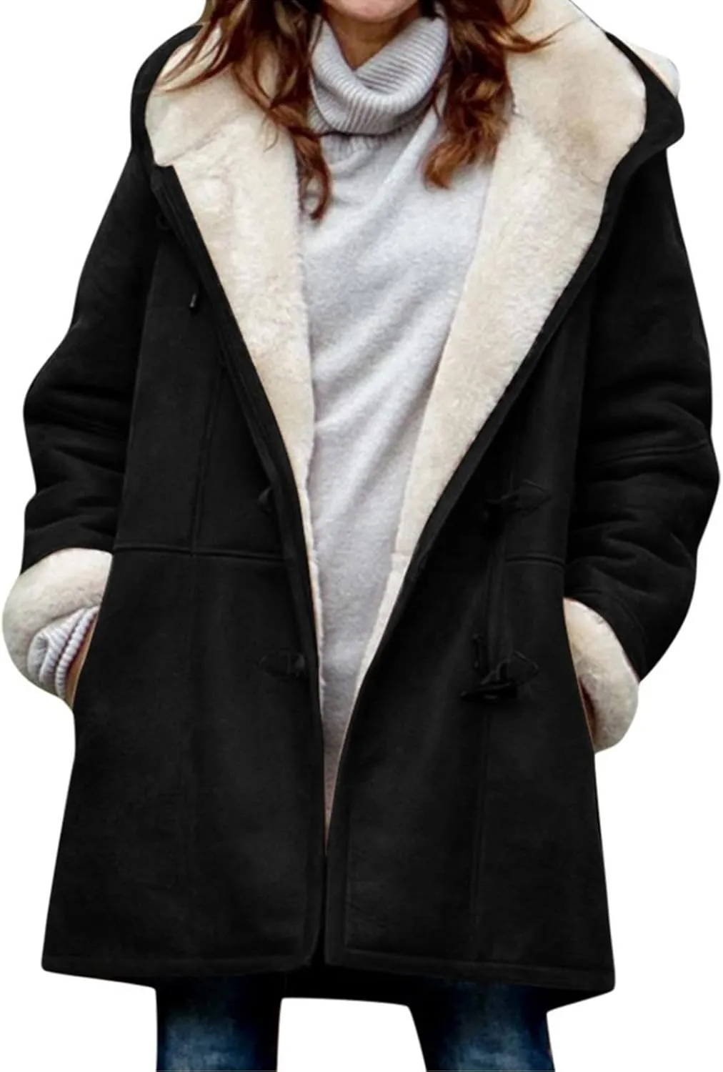 Ogiraw Womens Fleece Coat Oversized solid color Hooded Jacket Button Down Winter Fuzzy Casual Outwear long coat with Pockets