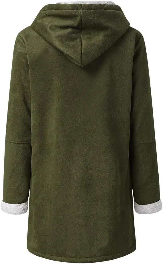 Ogiraw Womens Fleece Coat Oversized solid color Hooded Jacket Button Down Winter Fuzzy Casual Outwear long coat with Pockets