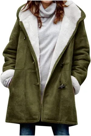 Ogiraw Womens Fleece Coat Oversized solid color Hooded Jacket Button Down Winter Fuzzy Casual Outwear long coat with Pockets