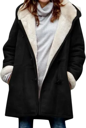 Ogiraw Womens Fleece Coat Oversized solid color Hooded Jacket Button Down Winter Fuzzy Casual Outwear long coat with Pockets