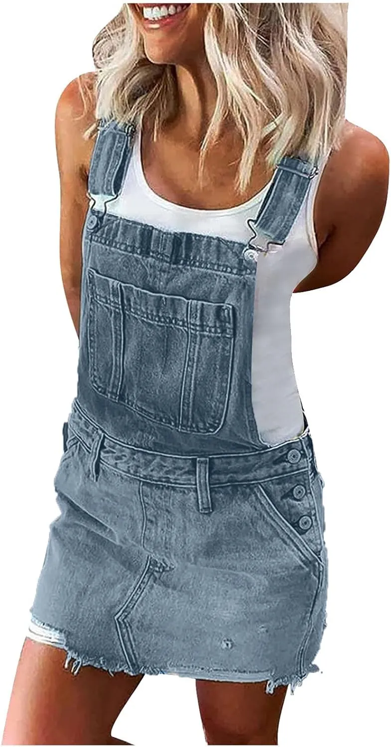 OIOLOYJM Denim Jumpsuit for Womens Shortalls Casual Adjustable Straps High Waist Bib Jeans Overalls Shorts Rompers for Women