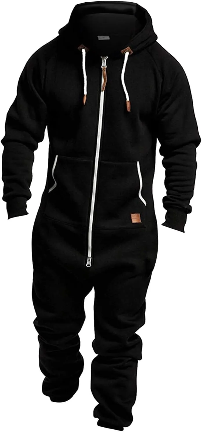 One Piece Hoodie for Men Zip Up Hooded Onesies Fall Winter Casual Workout Playsuit Rompers Mens Big and Tall Coverall