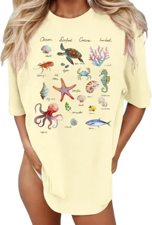 Oversized Graphic Shirt for Teens Girl Y2K Ocean Floral Short Sleeve Baggy Tee Shirts Vintage Funny Tshirts