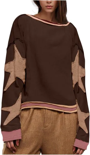 Oversized Long Sleeve Crewneck Star Sweatshirts for Women Trendy 2024 Fall Pullovers Drop Shoulder Vintage Tops