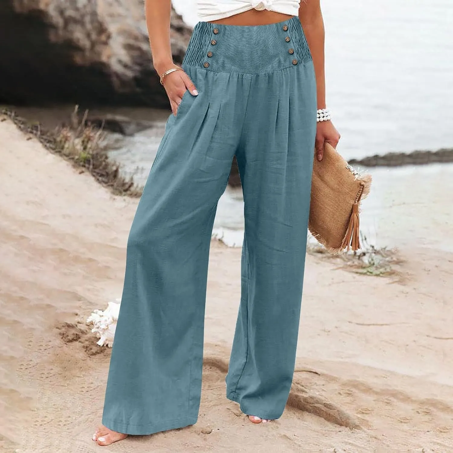 Palazzo Pants For Women Dressy Plus Size Linen Boho Wide Leg Soft Sweapants 2024 Summer Beach Travel Lounge Trouser
