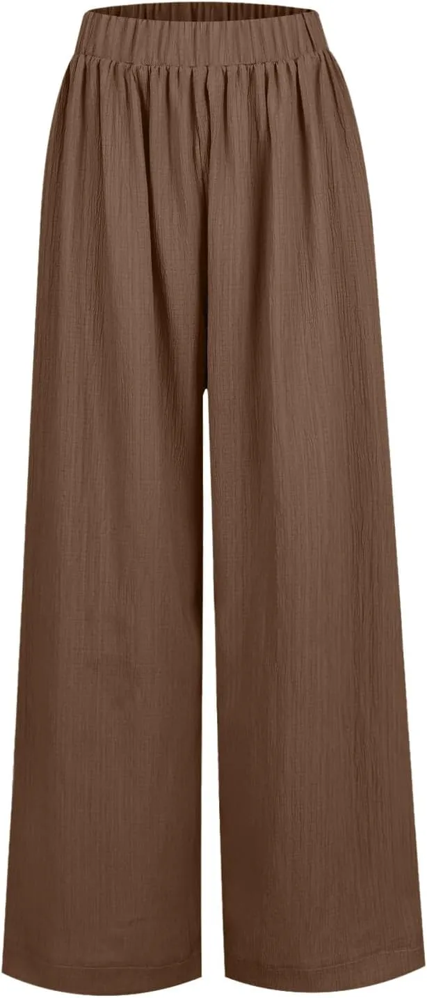 Palazzo Pants for Women Solid High Waisted Loose Yoga Pant Pleated Elastic Lightweight Straight Leg Breathable Trousers