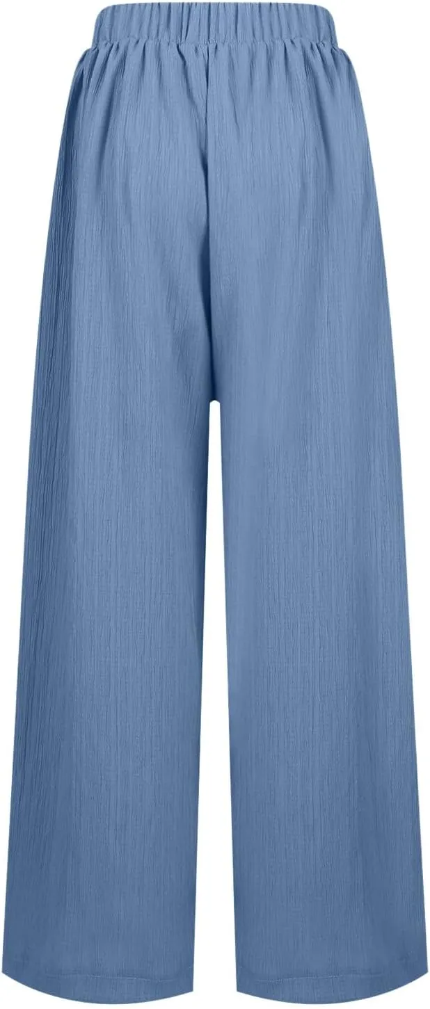 Palazzo Pants for Women Solid High Waisted Loose Yoga Pant Pleated Elastic Lightweight Straight Leg Breathable Trousers