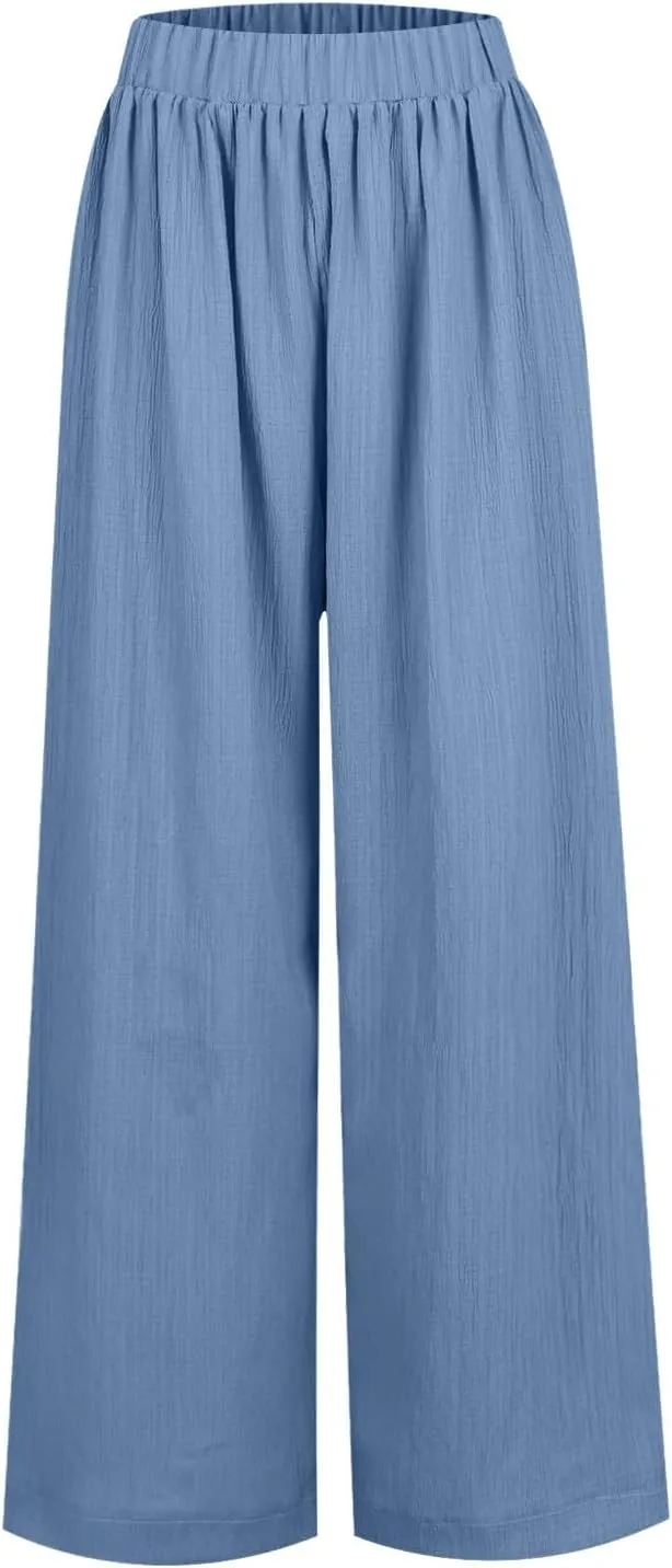Palazzo Pants for Women Solid High Waisted Loose Yoga Pant Pleated Elastic Lightweight Straight Leg Breathable Trousers