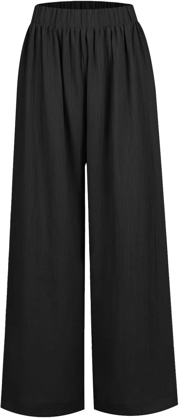 Palazzo Pants for Women Solid High Waisted Loose Yoga Pant Pleated Elastic Lightweight Straight Leg Breathable Trousers