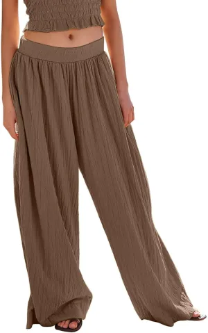 Palazzo Pants for Women Solid High Waisted Loose Yoga Pant Pleated Elastic Lightweight Straight Leg Breathable Trousers