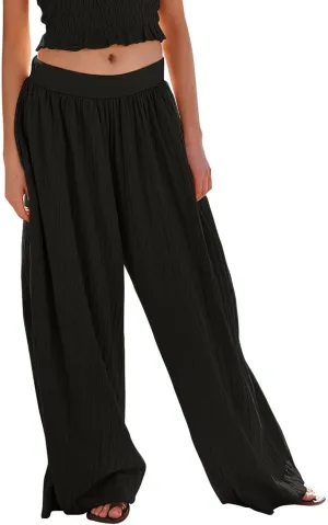 Palazzo Pants for Women Solid High Waisted Loose Yoga Pant Pleated Elastic Lightweight Straight Leg Breathable Trousers