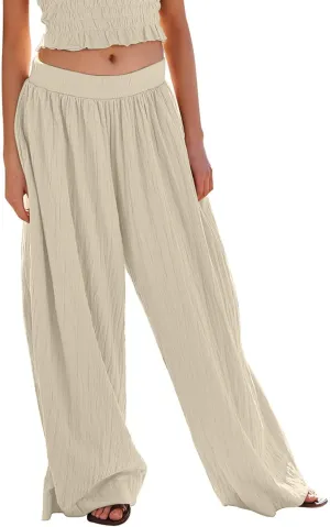 Palazzo Pants for Women Solid High Waisted Loose Yoga Pant Pleated Elastic Lightweight Straight Leg Breathable Trousers
