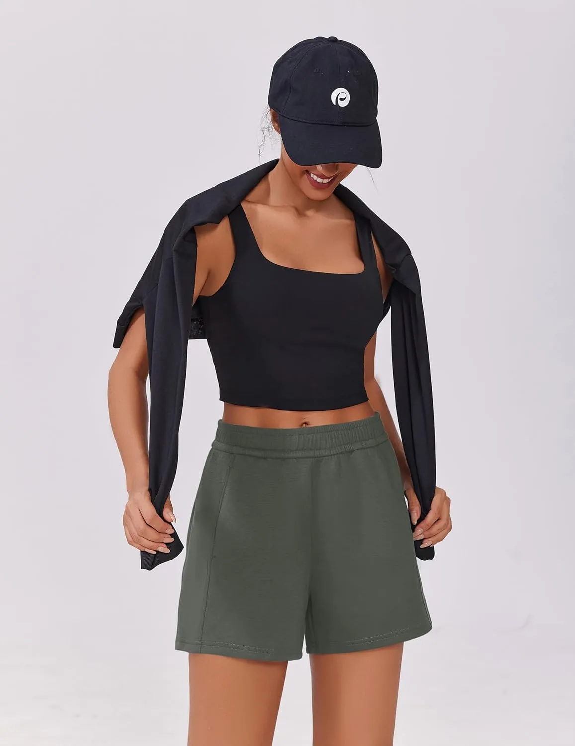 PINSPARK Athletic Sweat Shorts Women Elastic High Waisted Comfy Short Drawstring Casual Lounge Shorts with Pockets