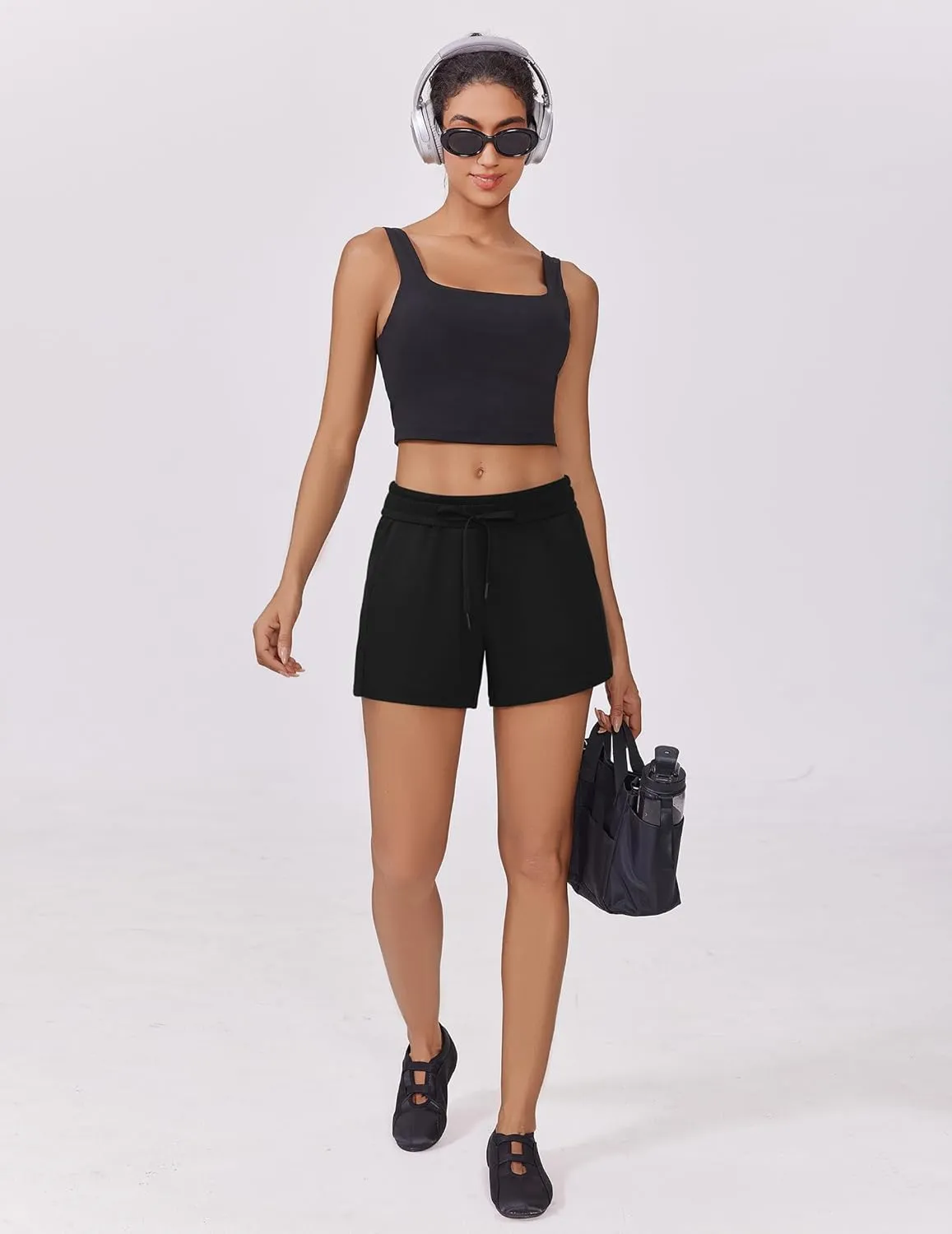 PINSPARK Athletic Sweat Shorts Women Elastic High Waisted Comfy Short Drawstring Casual Lounge Shorts with Pockets