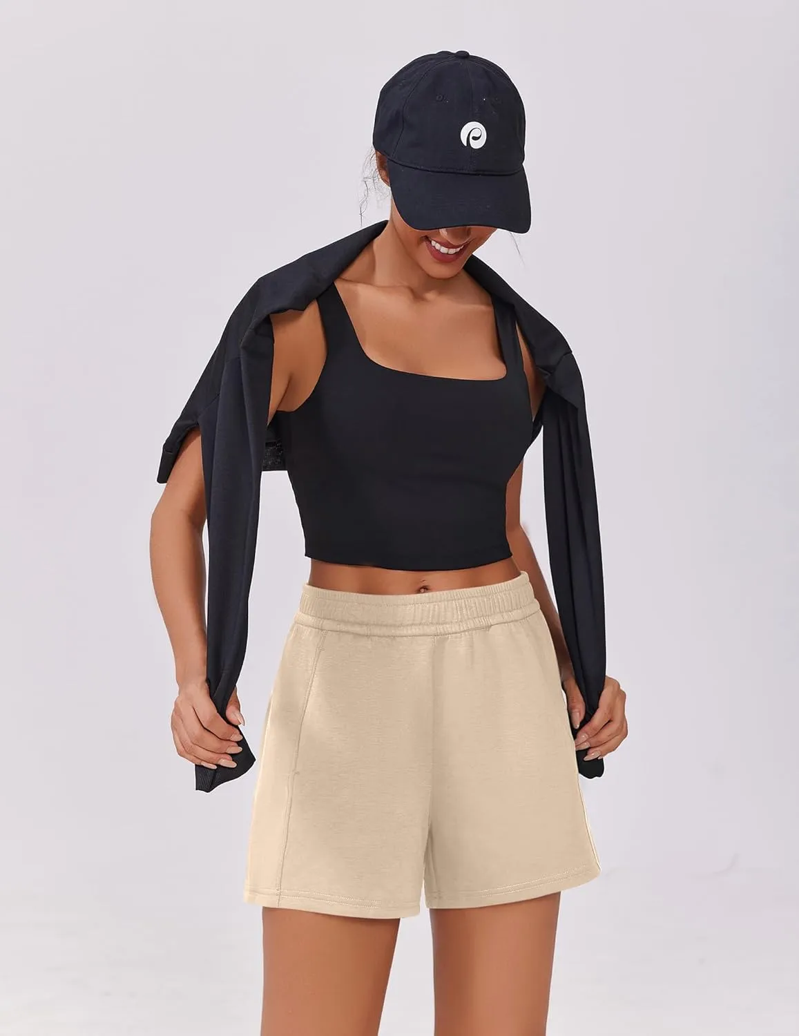 PINSPARK Athletic Sweat Shorts Women Elastic High Waisted Comfy Short Drawstring Casual Lounge Shorts with Pockets