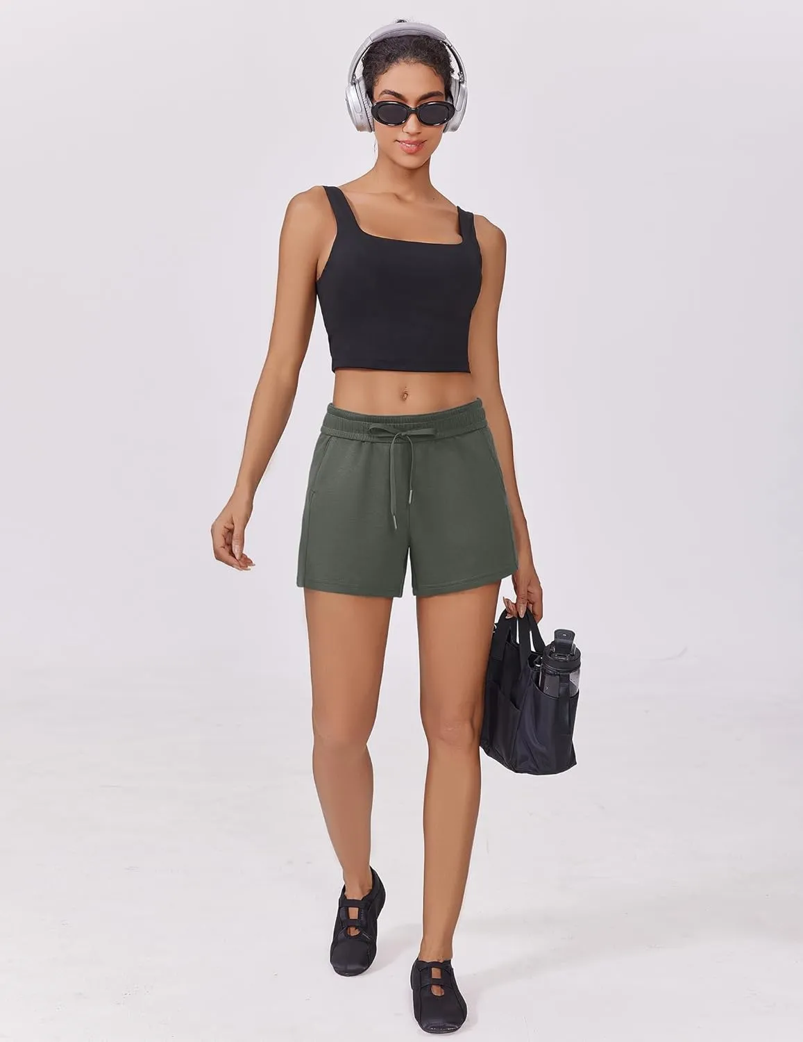 PINSPARK Athletic Sweat Shorts Women Elastic High Waisted Comfy Short Drawstring Casual Lounge Shorts with Pockets