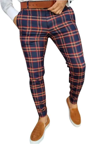 Plaid Pants for Men Slim Fit Flat Front Skinny Chino Dress Pants Checkered Business Casual Pants Stretch Golf Trousers