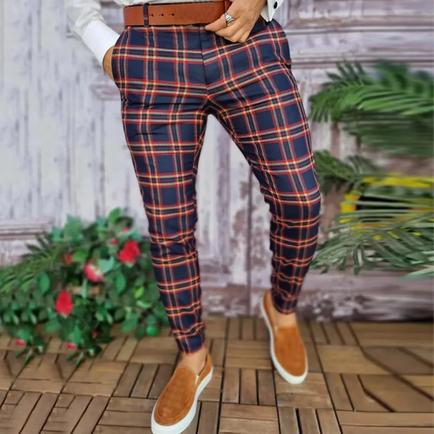 Plaid Pants for Men Slim Fit Flat Front Skinny Chino Dress Pants Checkered Business Casual Pants Stretch Golf Trousers