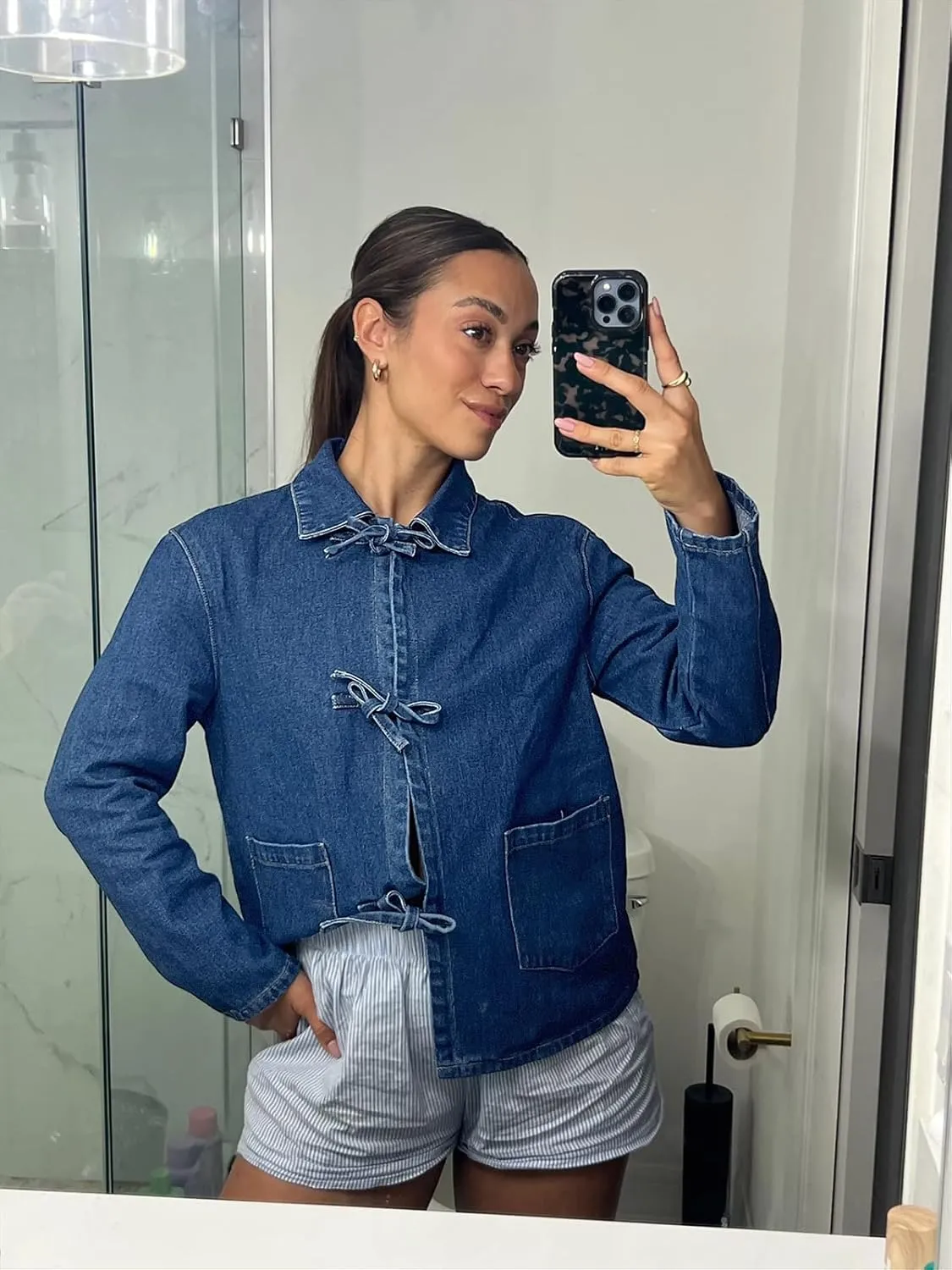 PLNOTME Womens Jean Jacket Tie Front Denim Shacket Tops Fall Fashion Long Sleeve Shirts Coat with Pockets