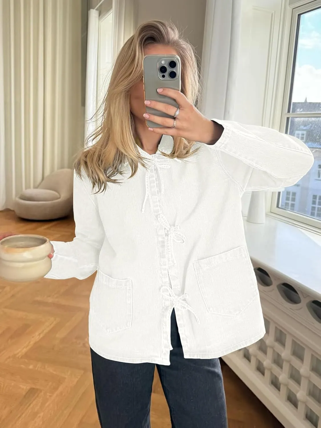 PLNOTME Womens Jean Jacket Tie Front Denim Shacket Tops Fall Fashion Long Sleeve Shirts Coat with Pockets