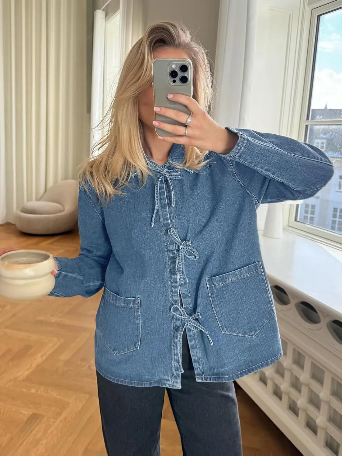 PLNOTME Womens Jean Jacket Tie Front Denim Shacket Tops Fall Fashion Long Sleeve Shirts Coat with Pockets