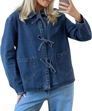 PLNOTME Womens Jean Jacket Tie Front Denim Shacket Tops Fall Fashion Long Sleeve Shirts Coat with Pockets