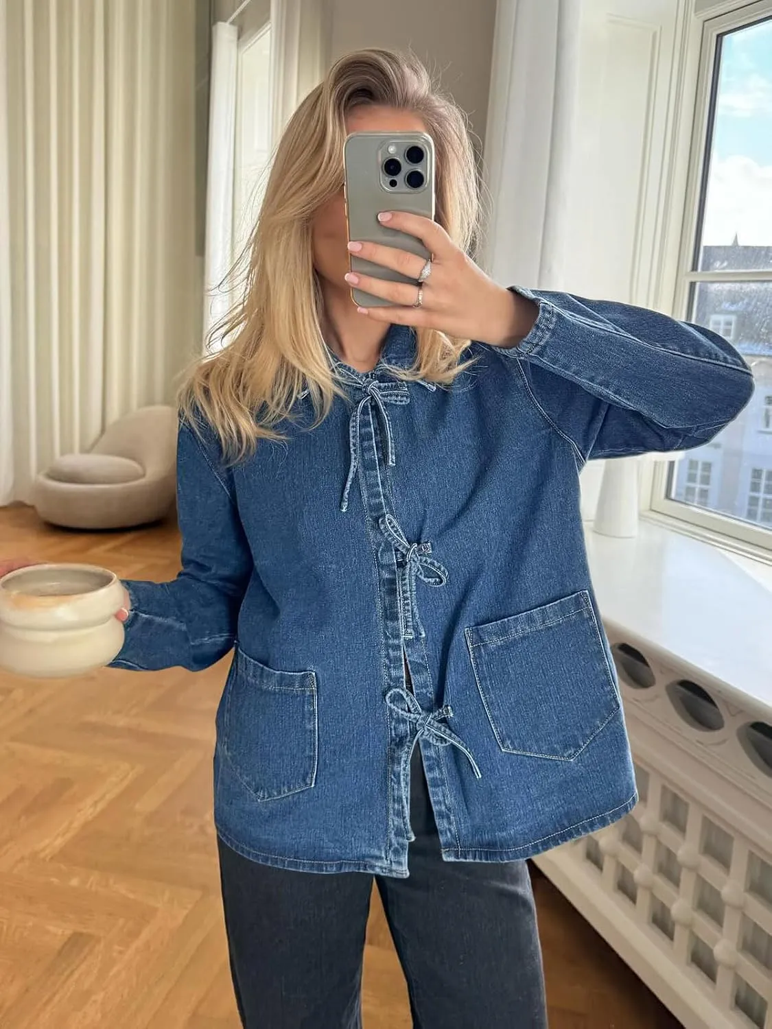 PLNOTME Womens Jean Jacket Tie Front Denim Shacket Tops Fall Fashion Long Sleeve Shirts Coat with Pockets
