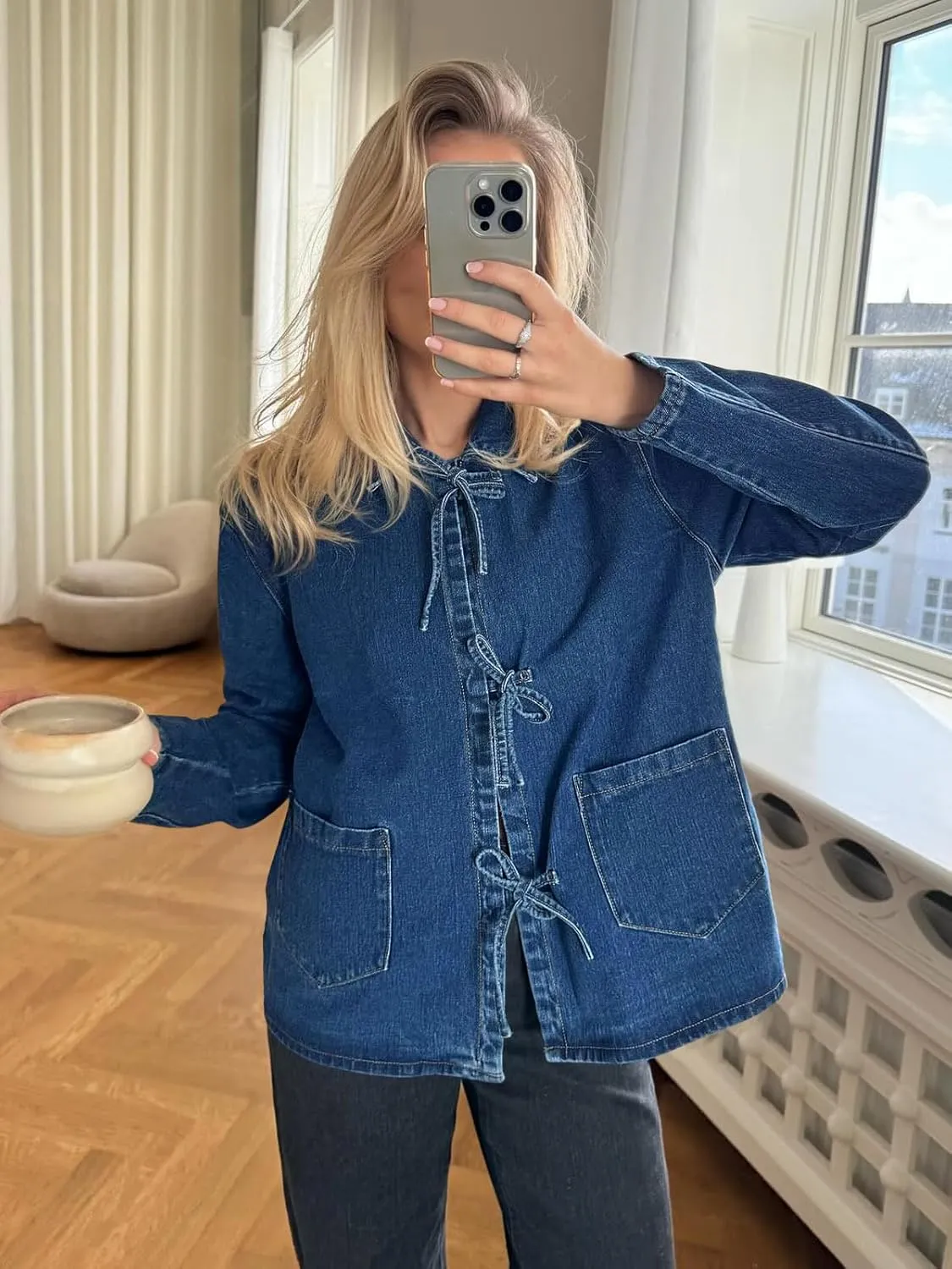 PLNOTME Womens Jean Jacket Tie Front Denim Shacket Tops Fall Fashion Long Sleeve Shirts Coat with Pockets