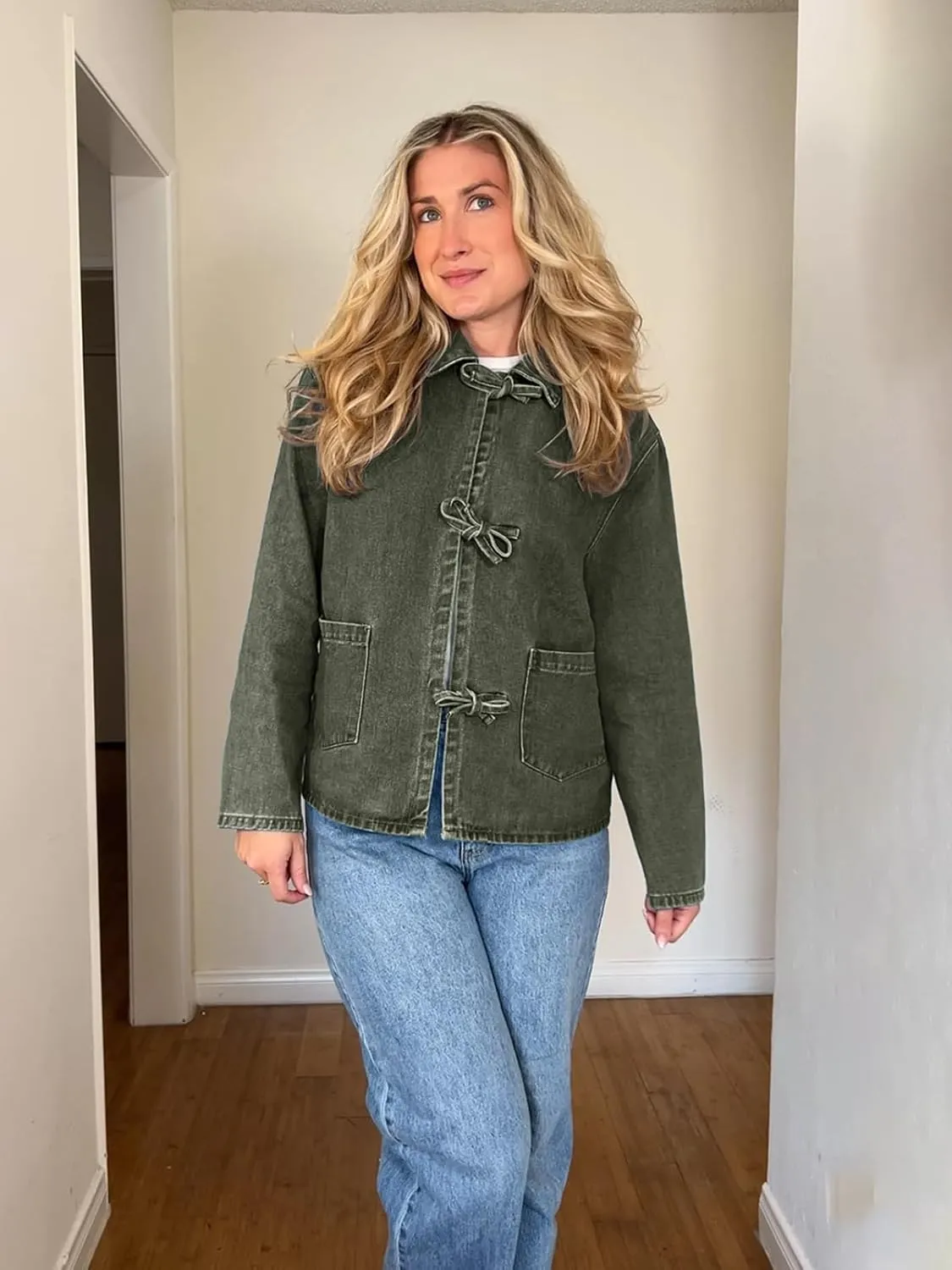 PLNOTME Womens Jean Jacket Tie Front Denim Shacket Tops Fall Fashion Long Sleeve Shirts Coat with Pockets