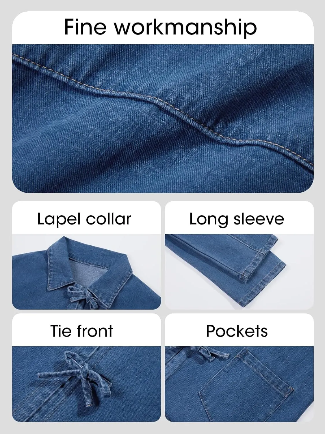 PLNOTME Womens Jean Jacket Tie Front Denim Shacket Tops Fall Fashion Long Sleeve Shirts Coat with Pockets
