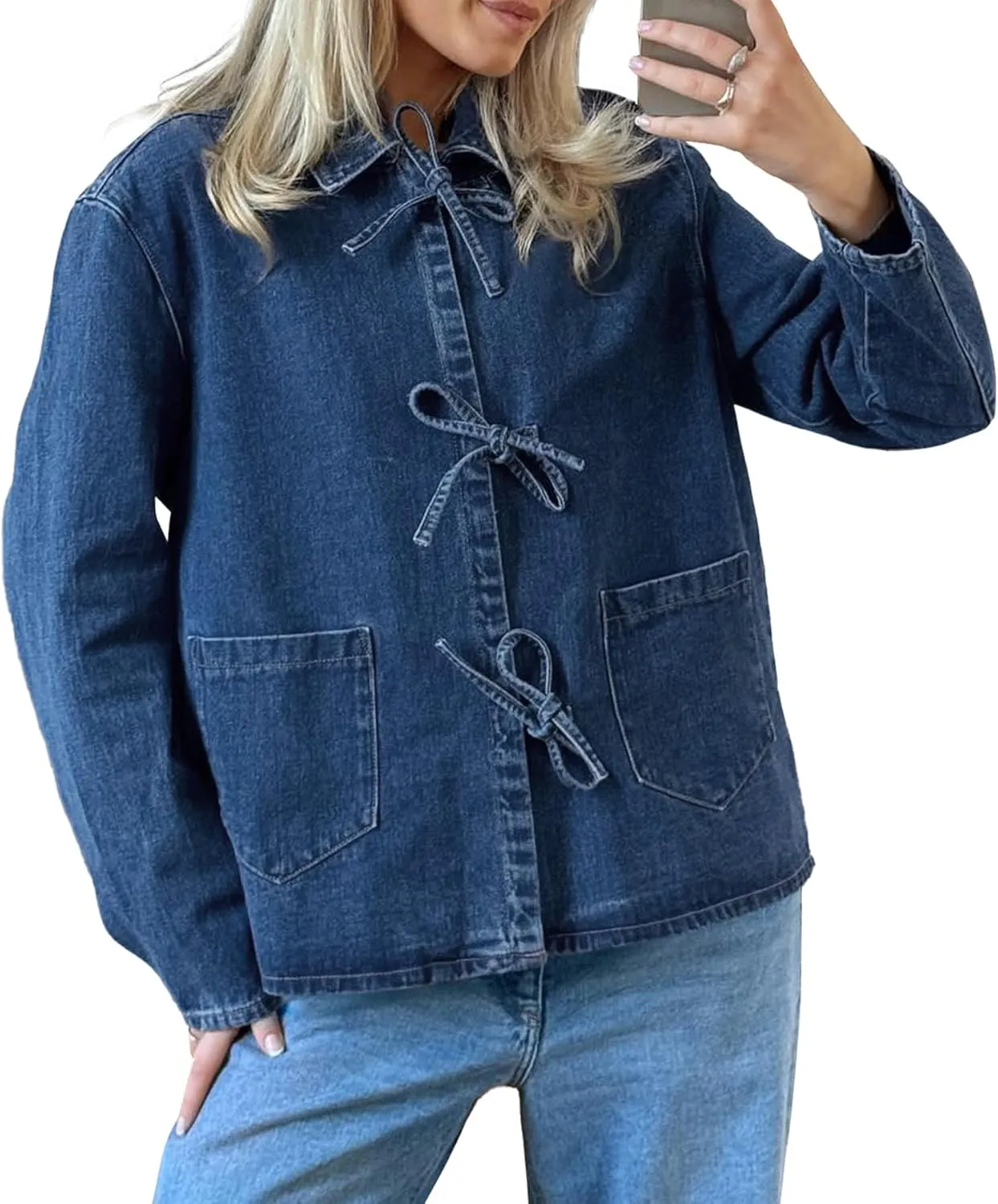PLNOTME Womens Jean Jacket Tie Front Denim Shacket Tops Fall Fashion Long Sleeve Shirts Coat with Pockets