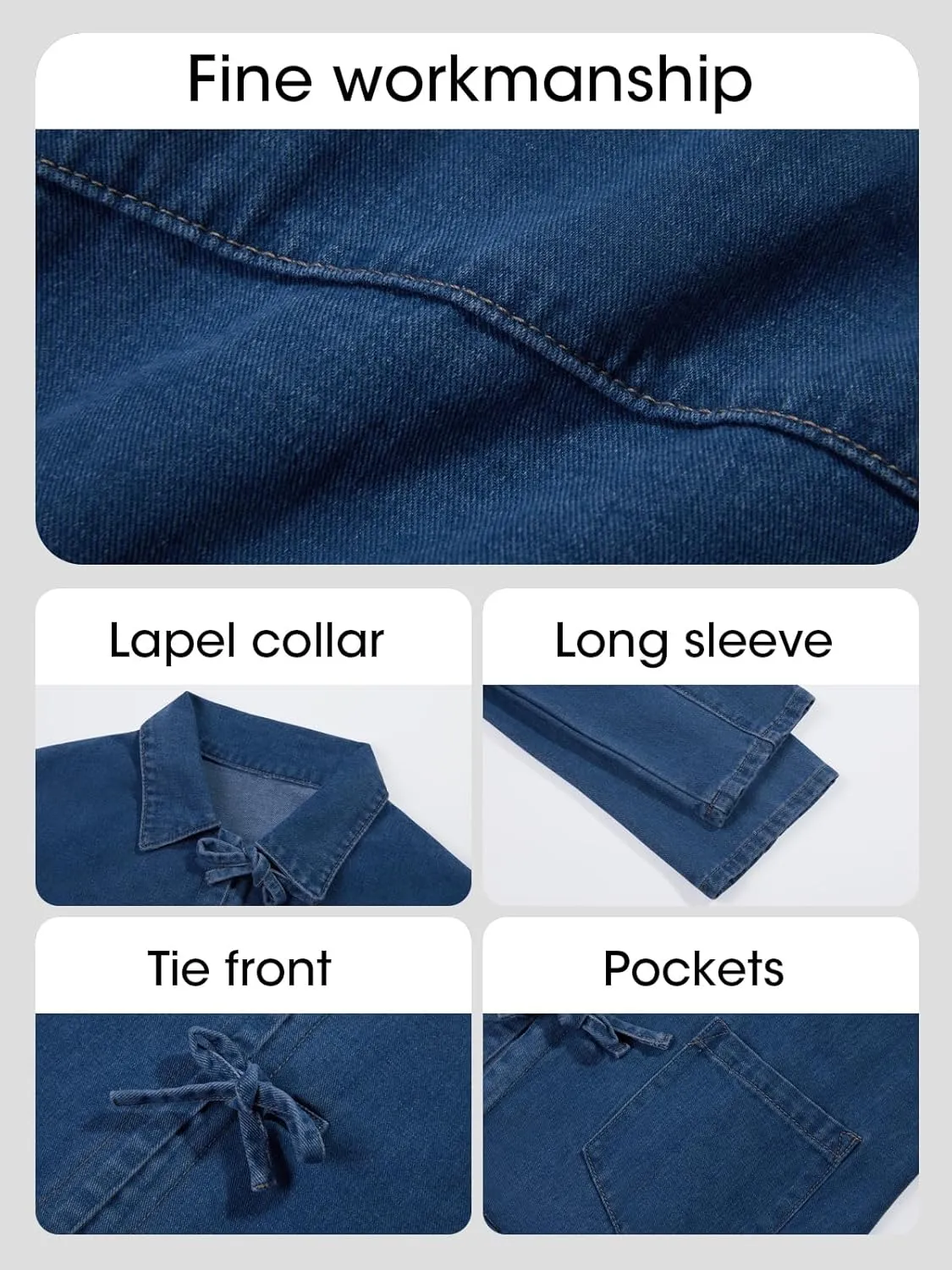 PLNOTME Womens Jean Jacket Tie Front Denim Shacket Tops Fall Fashion Long Sleeve Shirts Coat with Pockets
