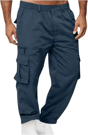 Plus Size Button Up Closure Elastic Waist Cargo Pants Mens Cargo Pants Zipper Decorate Multi-Pocket Cropped Trousers