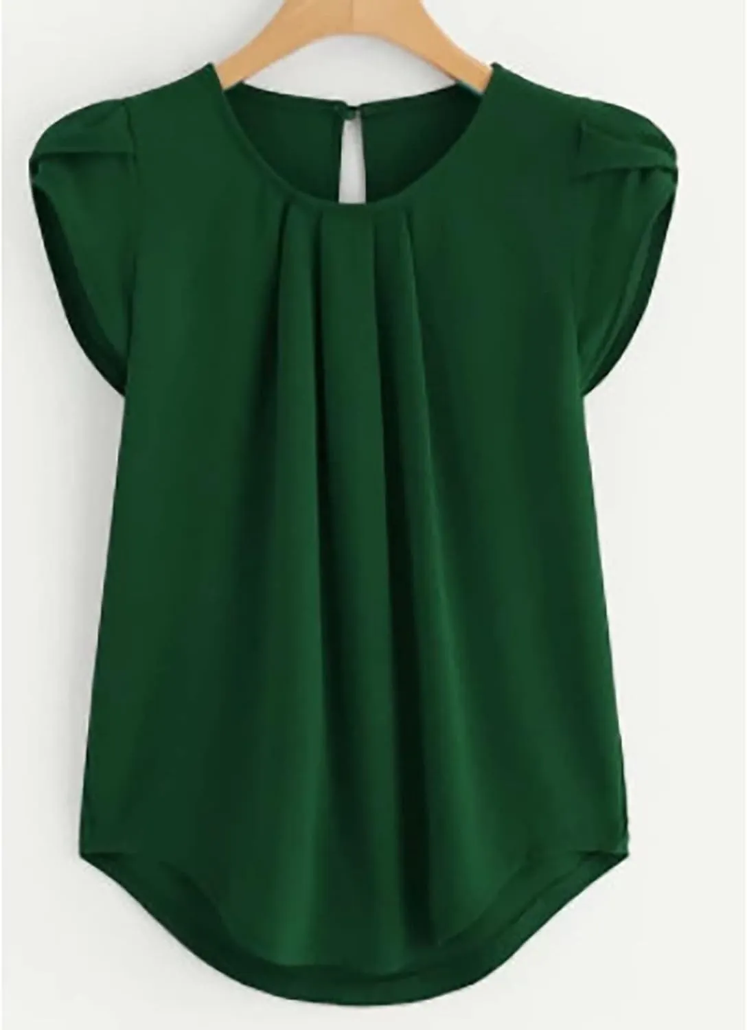 Plus Size Tops for Women Petal Sleeve Solid Color Blouse Curved Keyhole Back Round Neck Top Pleated Casual T Shirt