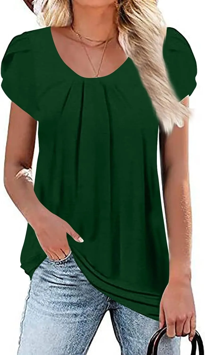 Plus Size Tops for Women Petal Sleeve Solid Color Blouse Curved Keyhole Back Round Neck Top Pleated Casual T Shirt